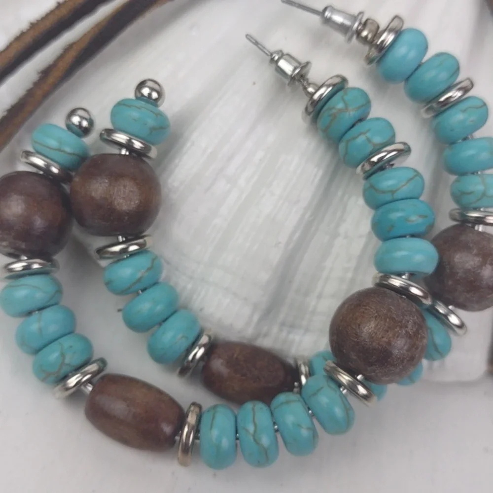 Turquoise Dark Wood & Silver Tone:Beaded Gorgeous Boho Hoop Earrings